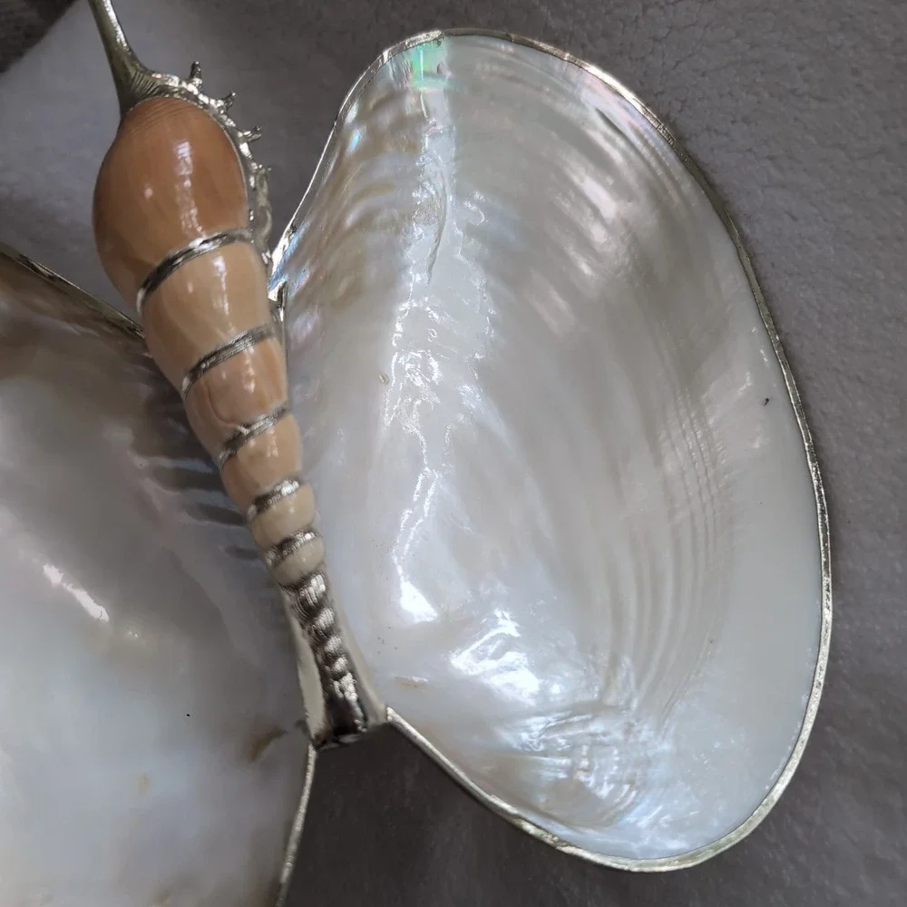 Large Vintage Mother of Pearl Clam Shell Trinket Dish Feet Manila Nautical Decor